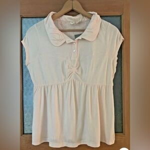 Anthropologie Top L LITLE YELLOW BUTTON Polo Shirt Ruched Peplum Button Pink NWT